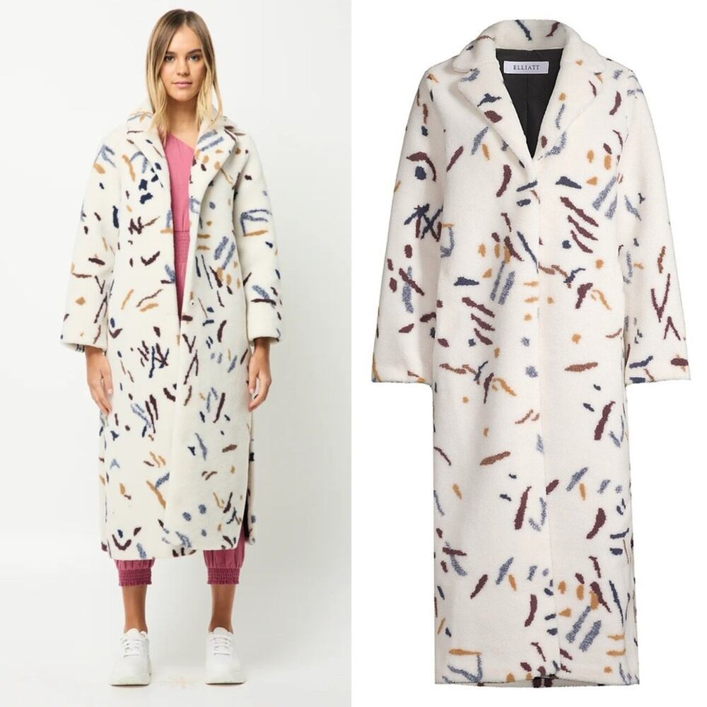 ELLIATT Clara Abstract Print Long Coat in Neutral Multicolor Fuzzy Size XS NEW